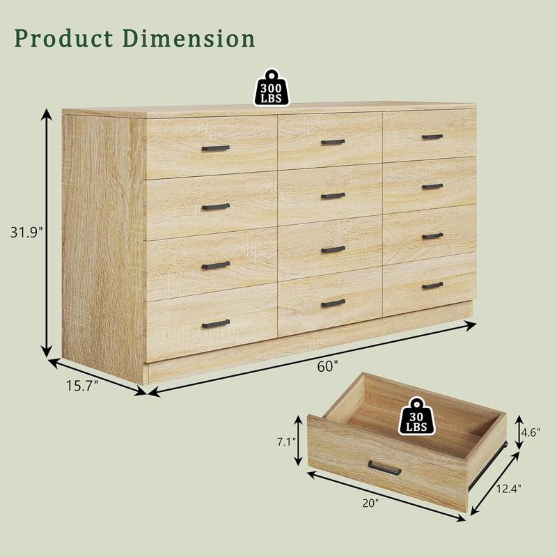 Dresser for Bedroom with 12 Drawers, 60'' Wide Mid Century Modern Dressers, Natural Wood Grain, Chests of Drawers TV Stand, Large Storage Organizer, Closet, Entryway, Natural