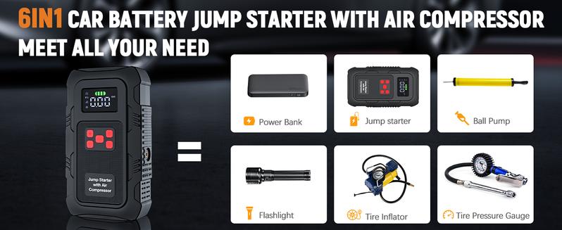 HPBS Portable Power Bank Car Jump Starter With Air Compressor 24000mAh 6000A 150PSI Fast Inflation 12V Battery Booster for 10.0L Gas 8.0L Diesel Engines