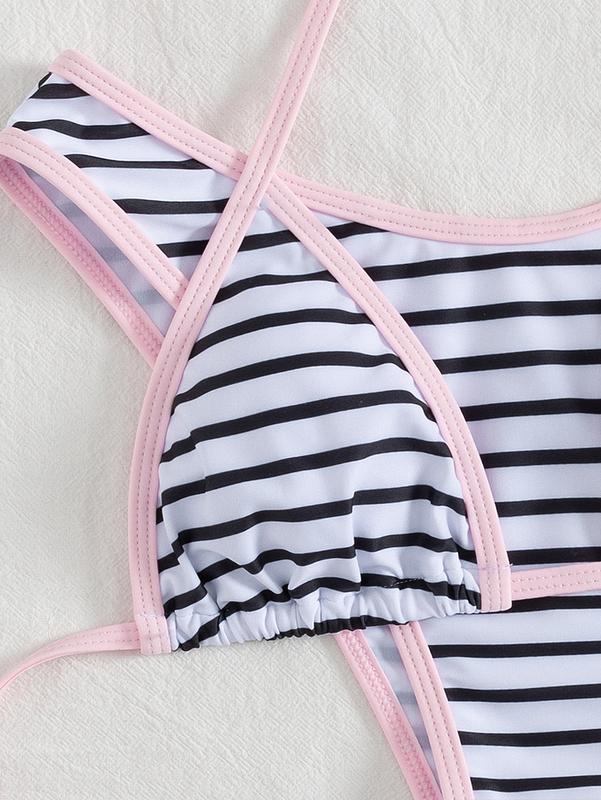 Summer Vibe Alert! Black & White Striped Halter Bikini Swimsuit Set with Pink Trim - Viral Beachwear for Insta-Worthy Photos Summer Vibe Alert! Black & White Striped Halter Bikini Swimsuit Set with Pink Trim - Viral Beachwear for Insta-Worthy Photos