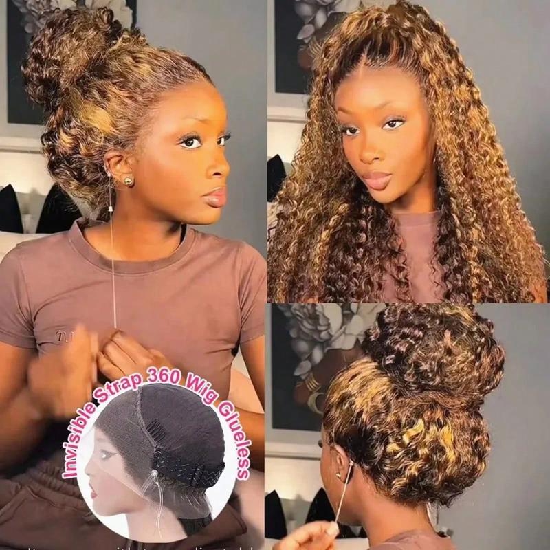 30 36 Inch Highlight 360 Deep Wave Wig Hidden Invisible Strap 360 Full Lace Front Wigs Human Hair 180% Density Ombre Honey Blonde Drawstring Wig Human Hair For Women Pre Plucked Colored 4/27 Glueless Curly Wig Human Hair