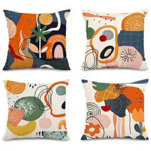 4PCS Abstract Mid Century Modern Throw Pillow Covers 18x18 Inch Colorful Boho Orange Aesthetic Floral Geometric Pillow Covers for Couch Outdoor Decor