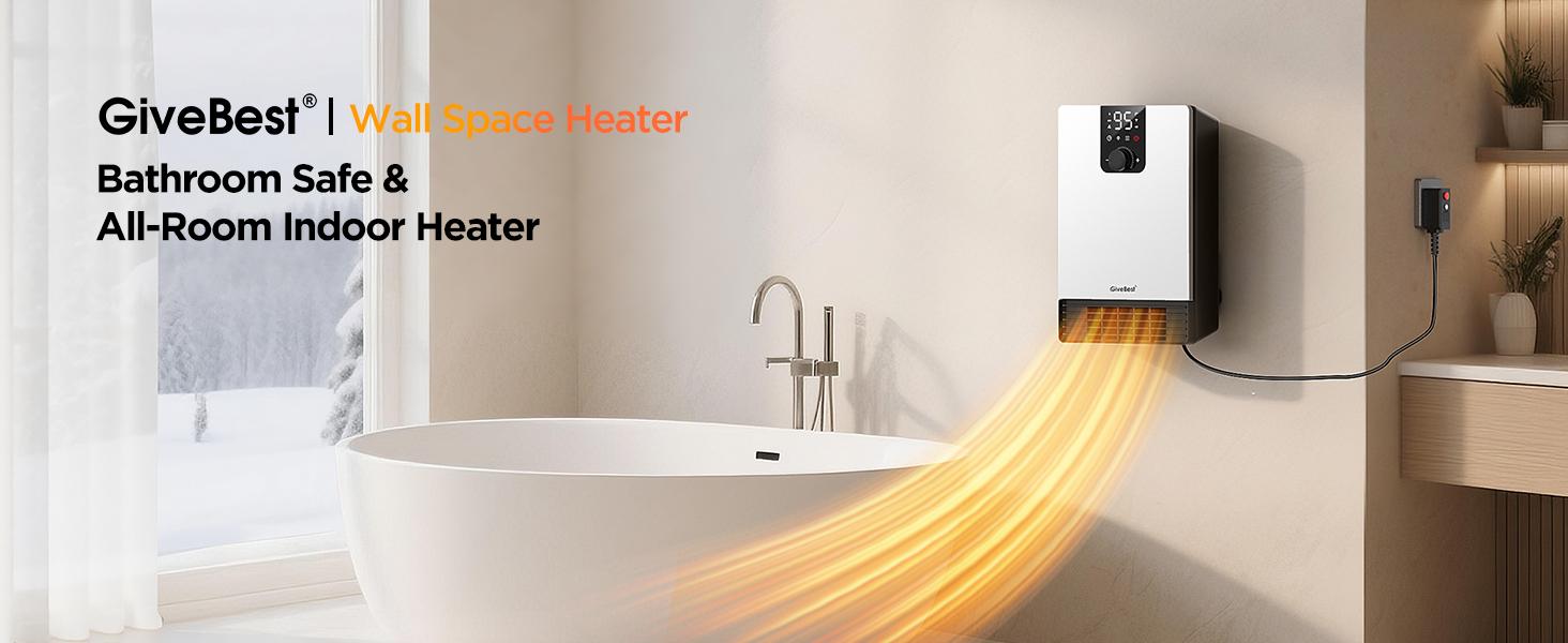 GiveBest Wall Heater for Bathroom, 1500W Fast Heating Electric Space Heater with ALCI Plug, Adjustable Thermostat, 3 Heating Modes, 24H Timer, Easy Mounted Heater for Indoor Use, Home, Office, White