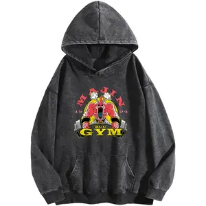Holafish MAJIN GYM Print Acid Wash Hoodie Essential For Fitness Enthusiasts Vintage 2026 Sweatshirt Oversized Loose Fit Winter Warm Streetwear Casual Tunic graphic