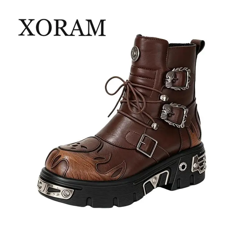 XORAM Men's Edgy Skull Platform Biker Punk Boots - EVA Chunky Sole, PU Leather, No Excess Bulk, Trendy High-Top Streetwear Footwear 561220-J, Chunky Heel, Platform Heel, Synthetic Leather, Chunky Sole Design