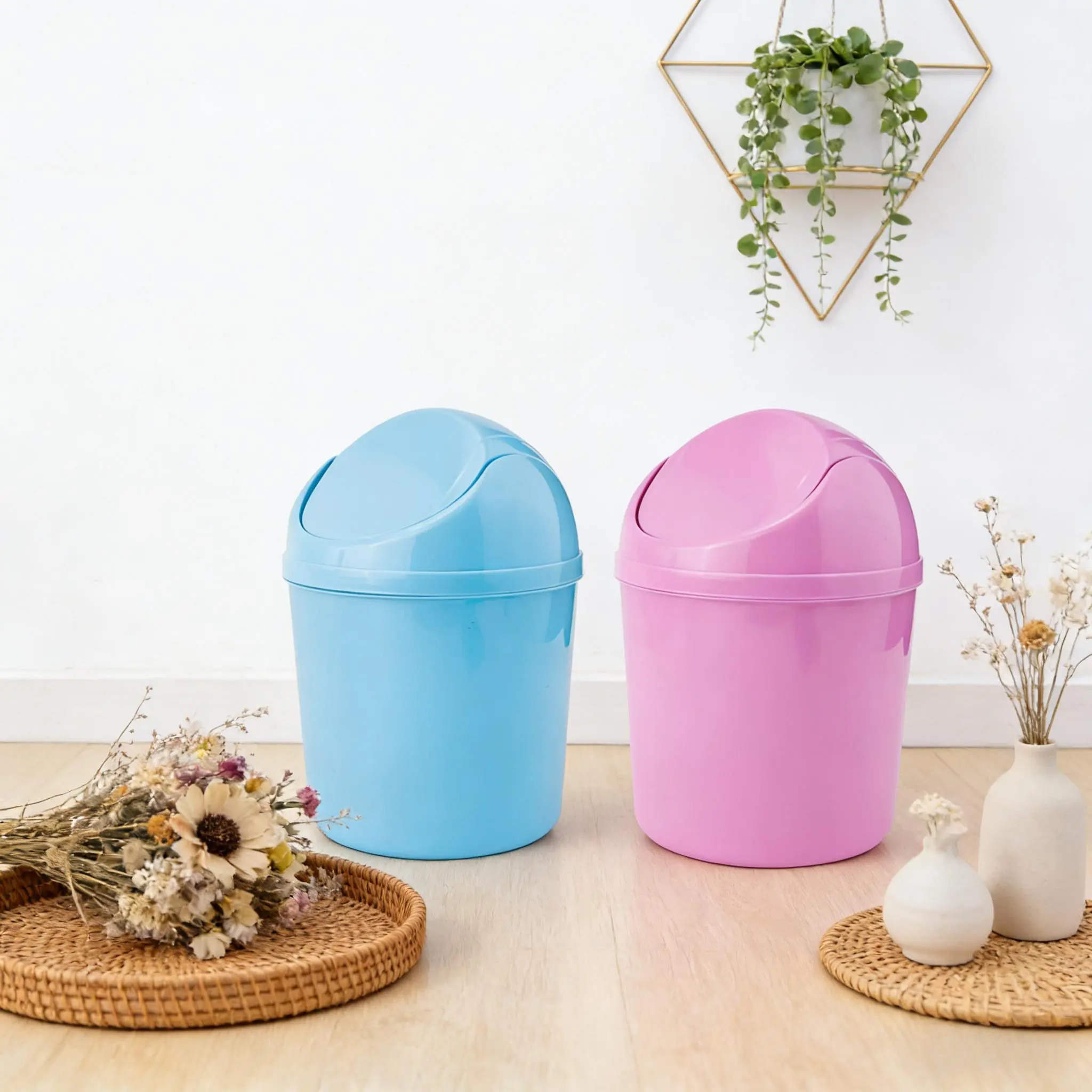SICANDAENHK 2-Pack Casual Minimalist Plastic Mini Desktop Swing-Lid Trash Cans, Hand-Operated Detachable Lid Bins, Easy-Clean Storage for Home Study Small Spaces, 120 Replacement Bags, Pouch, Blue & Purple Gift Option