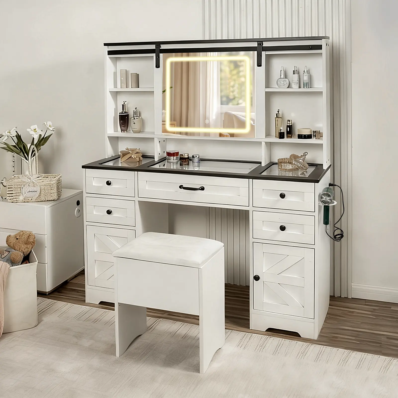 LED Vanity Table with Sliding Barn Door, Glass Top Makeup Desk with Outlet & Charging Station, 3-Color Lights, Multi-Drawer Organizer for Bedroom, Modern Adjustable Storage Dresser
