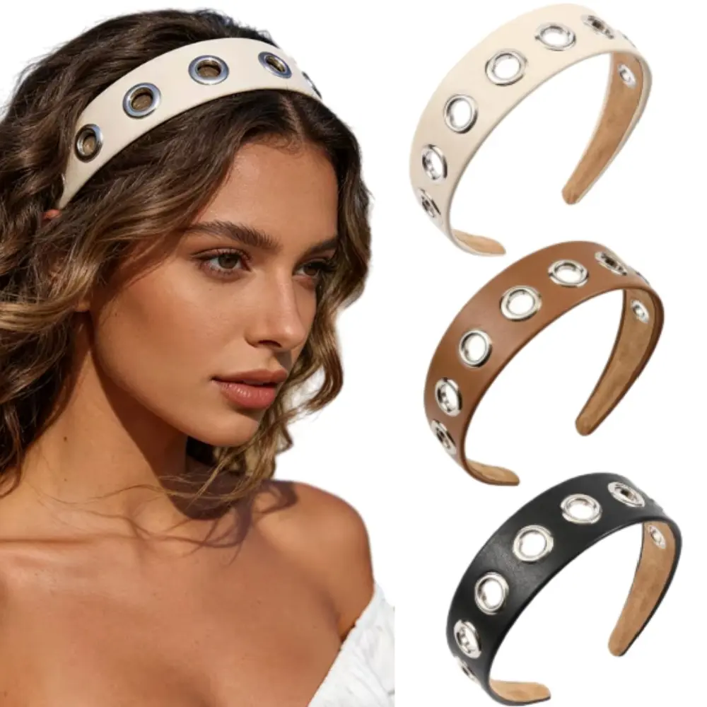 3Pcs Punk Leather Wide Headbands, Metal Hollow Eyelet Grommet Hair Bands, Stretchy Non-Slip Solid Color Hip Hop Gothic Head Wraps, Fashion Hair Accessories for Thin Thick Hair Daily Party Street Outfits