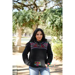 Jardin Hoodie - Black Cotton Oversized Sweatshirt with Embroidery, Pockets, and Comfortable Fit for Women