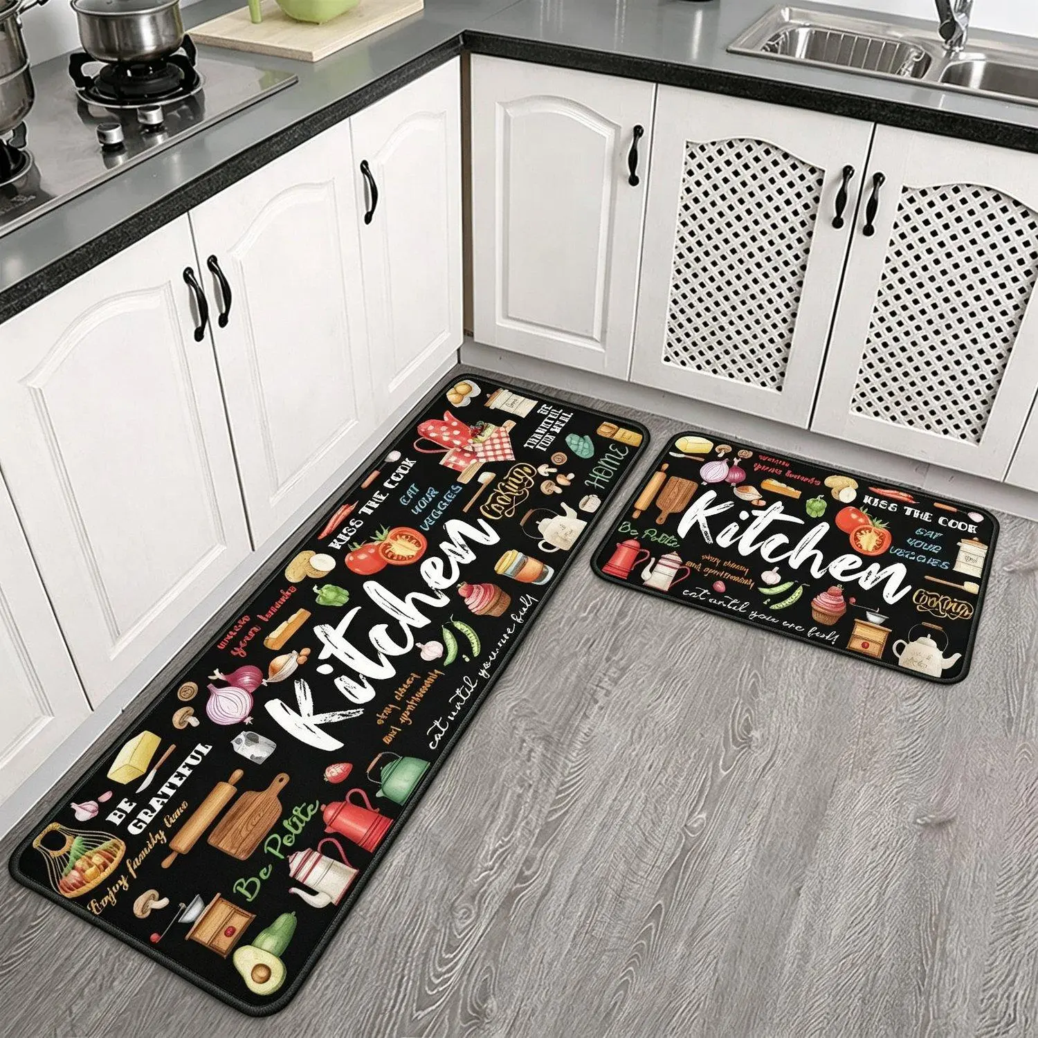 1PCS Black and White Kitchen Rugs Kitchen Decor Rugs Set Kitchen Rules Theme Non Skid Kitchen Mats For Floor Washable Absorbent Microfiber Kitchens Accessories Decoration Floor Mats
