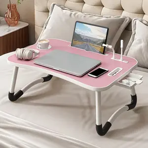 Portable Foldable Laptop Bed Table with 3 Port USB, Storage Drawer and Cup Holder, Laptop Desk Stand Tray for Eating, Reading and Working (Without USB,Fan)