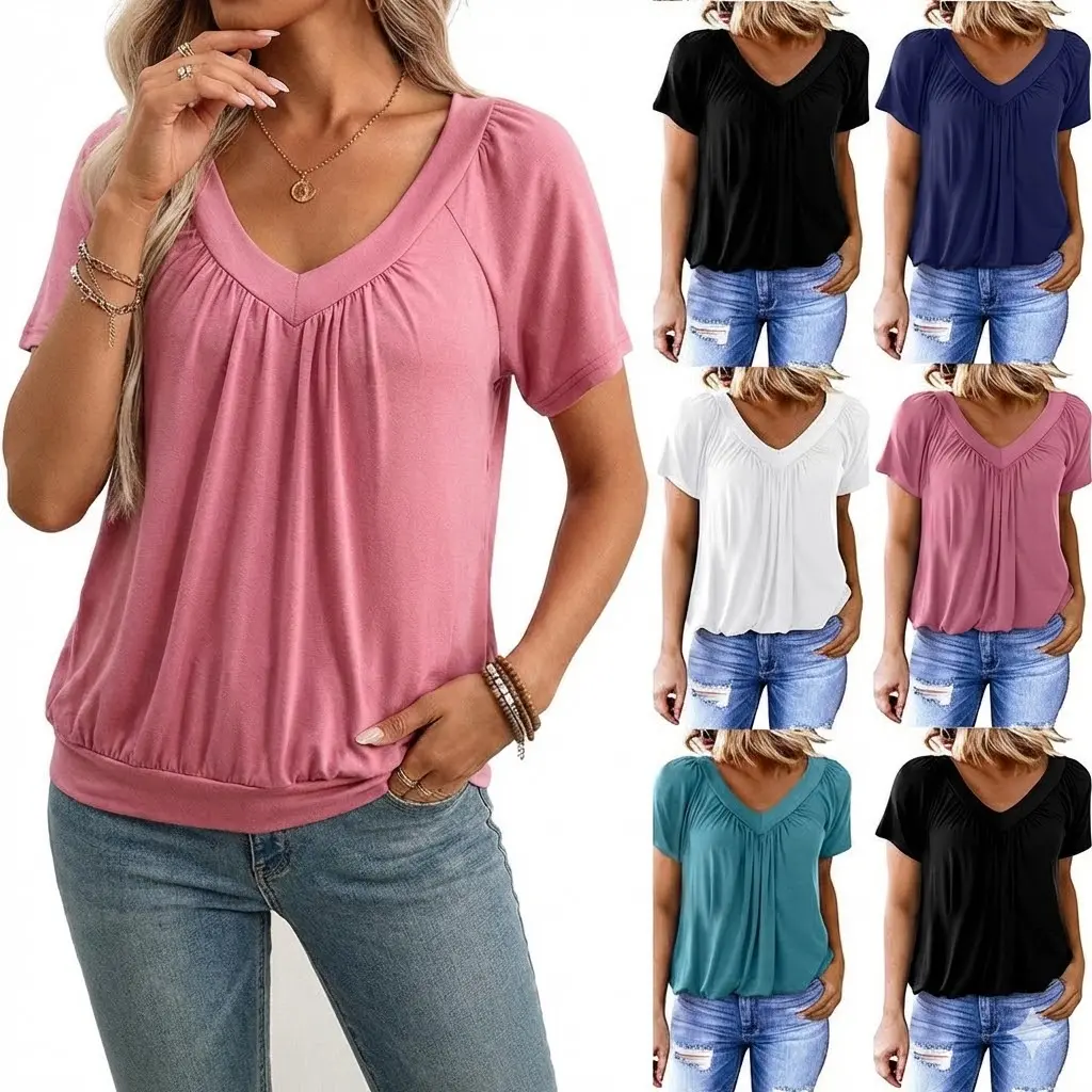 PHEFEE Women's Casual V-Neck Tunic Tops Short Sleeve Pleated Front Drapery Summer Tees Loose Fit Blouses for Leggings