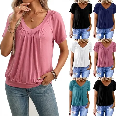 PHEFEE Women's Solid Polyester Lightweight Short-Sleeve V-Neck Knitted Tunic Top - Loose-Fit, Pleated Front Drapery, Soft Breathable Chic Summer Tee for Leggings, Beach Wear,sohochic