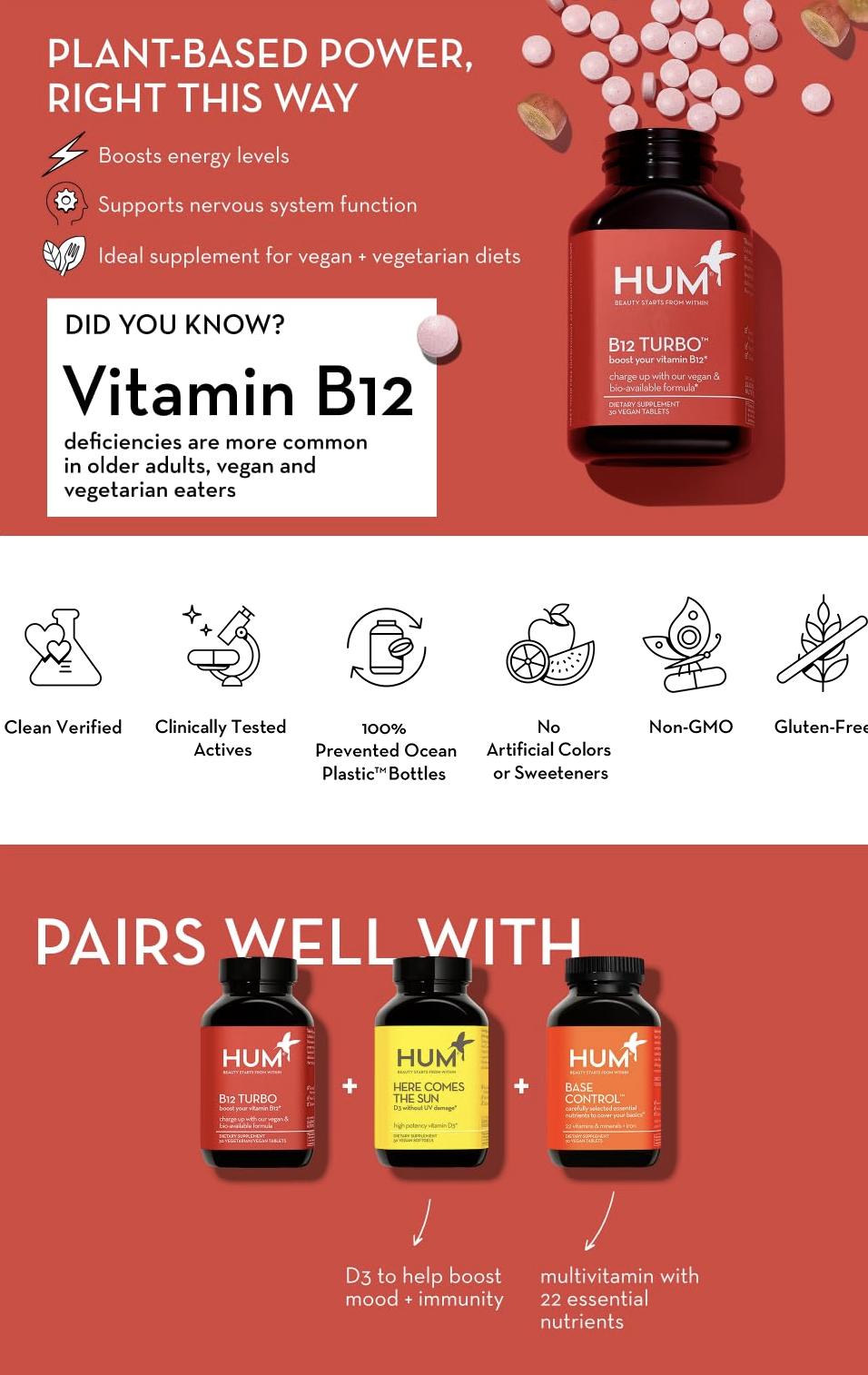 HUM B12 Turbo - Daily Energy & Calcium Support & Mood Support + Hormone Balance - Non-GMO, Gluten-Free, Vegan (30 Count)