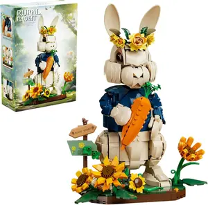 Easter Gifts for Kids Bunny Building Blocks Toy – Cute Rabbit Model with Carrot & Sunflower Base, Easter Basket Stuffers Birthday Gift for Girls Boys Age 6+