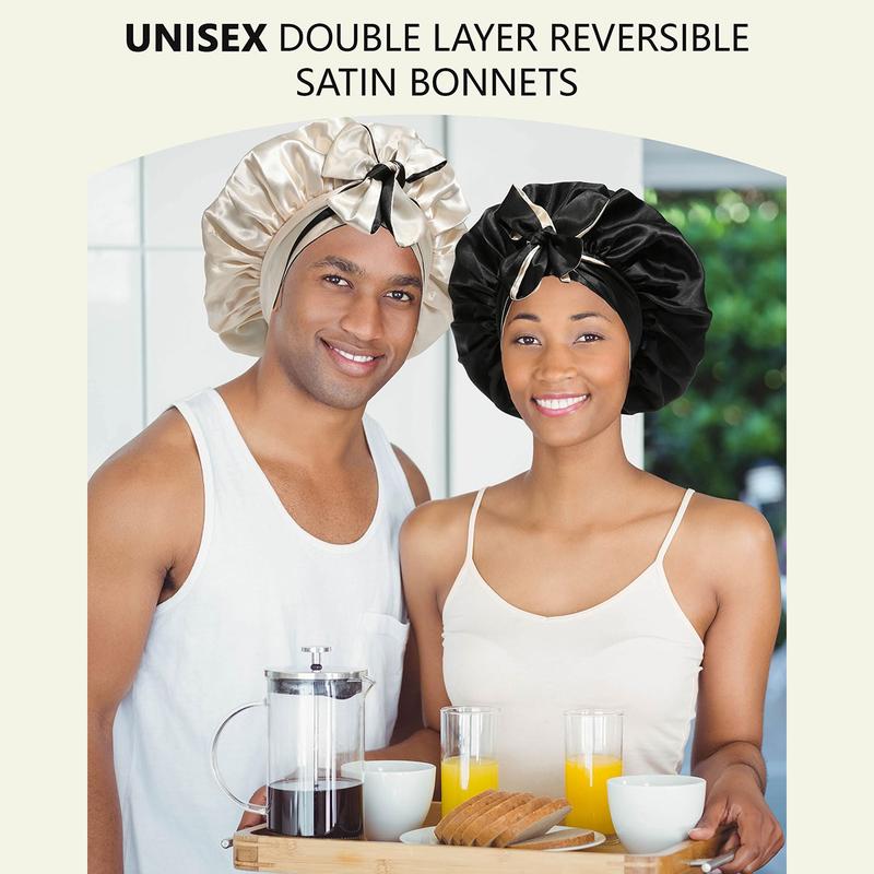 Double-Layer Solid Color Satin Bonnet Sleep Cap for Women Curly Hair Wrap for Sleeping Cap Adjustable Reversible Bonnet with Tie Band Night Cap