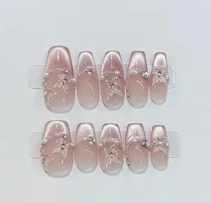 Pink Butterfly with Pearl Cat Eyes Press On Nail, Elegant Reusable Glitter Pink Nails Design