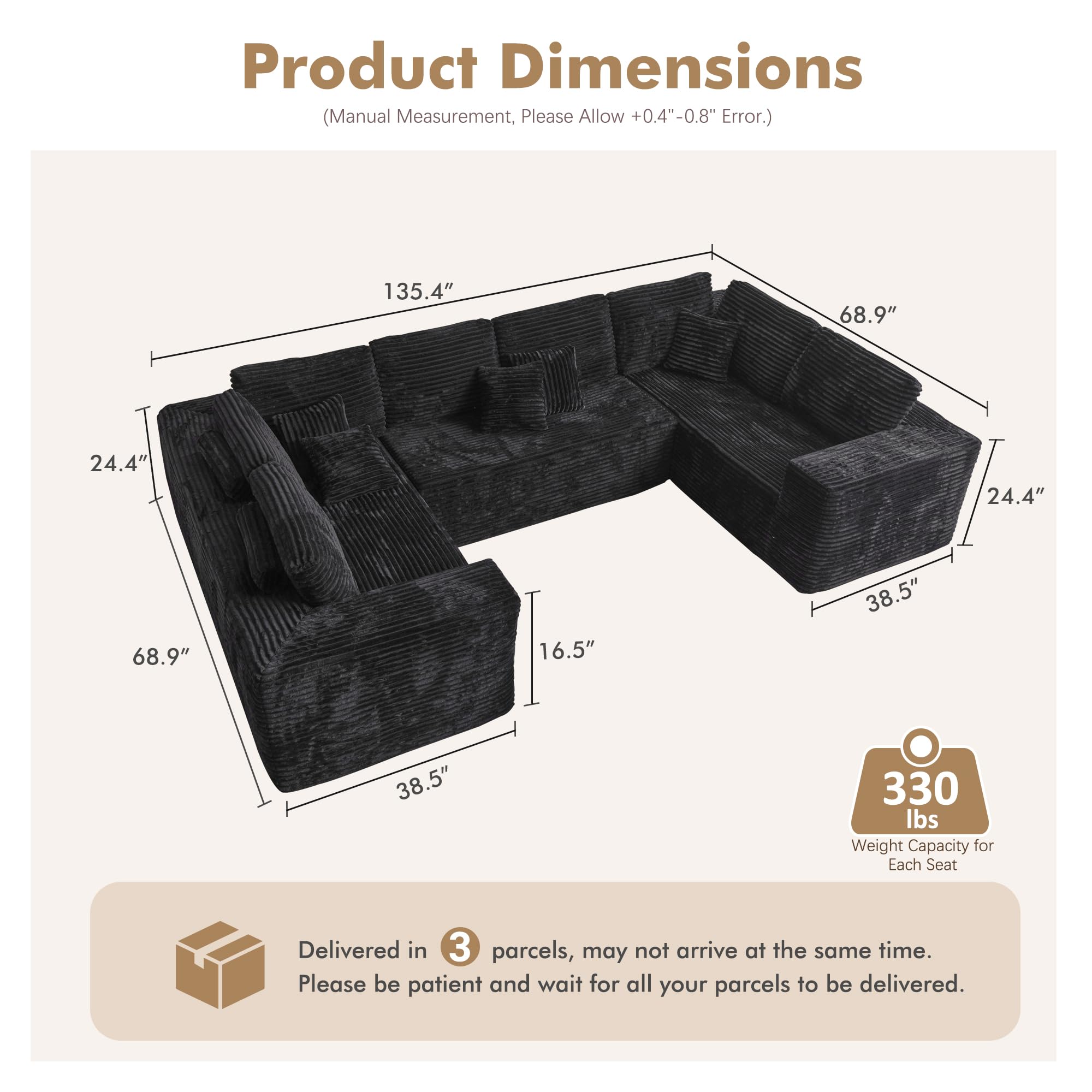 135" Cloud Sectional Couch for Living Room, Modular Floor Boneless Sofa with Plush Corduroy, No Assembly Required, Plush Corduroy Couches with Deep Seat Chaise Lounge 135" Cloud Sectional Couch for Living Room, Modular Floor Boneless Sofa with Plush Corduroy, No Assembly Required, Plush Corduroy Couches with Deep Seat Chaise Lounge