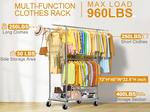 Double-Layer Large-Capacity Rolling Clothes Rack! Holds 50+ Garments, With Shoe Storage Shelf, Effortless Mobility on Swivel Wheels, Home Balcony Drying Rack