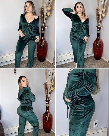 HOTOUCH Women's Velour Tracksuit Set Full Zipper Hoodie Workout Pants Velvet Sweatsuit Jogging Suits Holiday Clothing