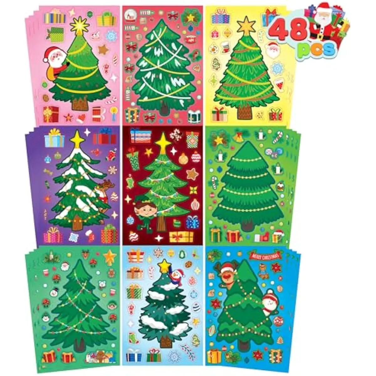 48 Pcs Christmas Sticker Sheets, Christmas Craft Supplies for Kids, Make Your Own Characters Mix and Match Sticker Sheets with Trees, Kids Party Favor Supplies, Xmas Classroom Activities Game