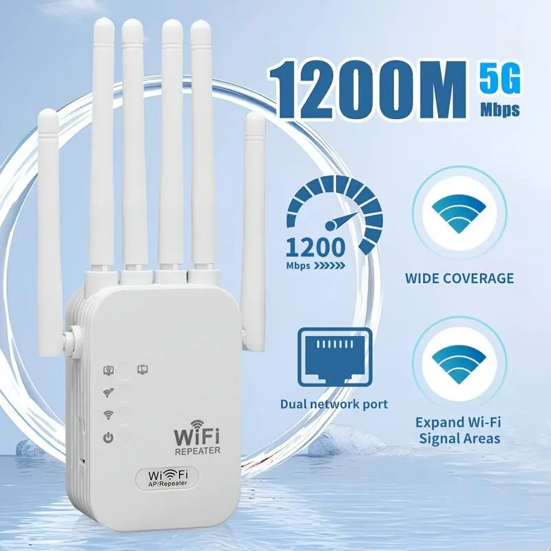 1200Mbps Dual-Band WiFi Extender Signal Booster 2026 - 5GHz/2.4GHz External Network Repeater, 10000 sq ft Coverage, 50-Device Support, Ethernet Port, Advanced Security WPA/WPA2 for Safe Home Use