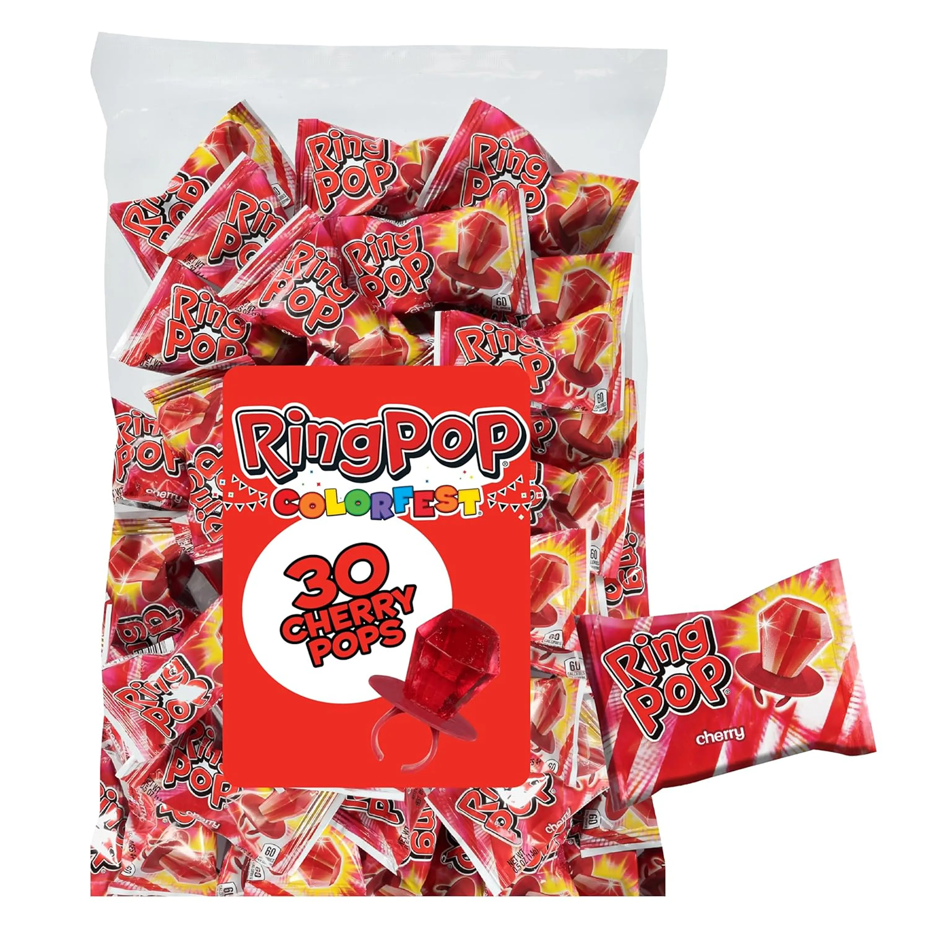 Ring Pop Red Cherry Sugar-Based Lollipops, Individually Wrapped Candy, 30-Count Bulk Pack