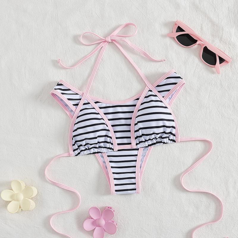 Summer Vibe Alert! Black & White Striped Halter Bikini Swimsuit Set with Pink Trim - Viral Beachwear for Insta-Worthy Photos Summer Vibe Alert! Black & White Striped Halter Bikini Swimsuit Set with Pink Trim - Viral Beachwear for Insta-Worthy Photos
