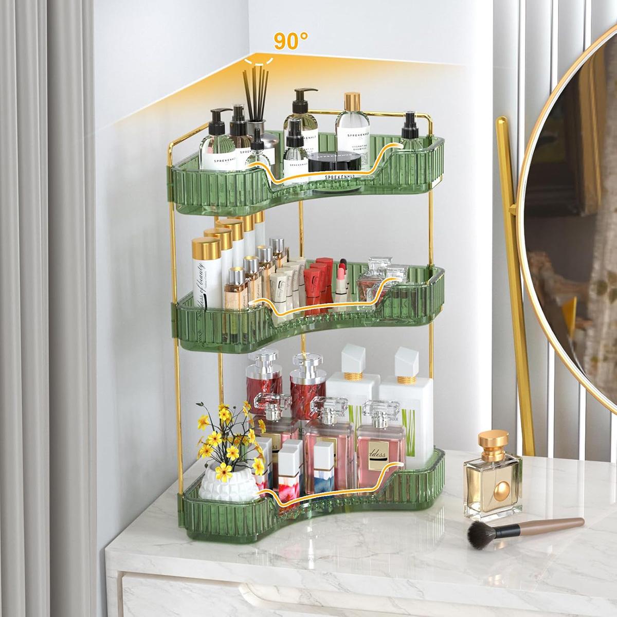 3 -layer cornering bathroom counter storage rack, table perfume tray and dressing table storage rack, cosmetics storage rack, bathroom, dressing table, kitchen corner storage rack (green)