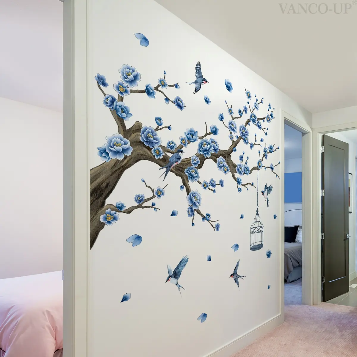 A set of two (30*90cm*2pcs) blue flower, branch and birdcage wall stickers, Decorative Wall Stickers, Wall Stickers Decorations, home decor for living room and bedroom (M15054-YC)