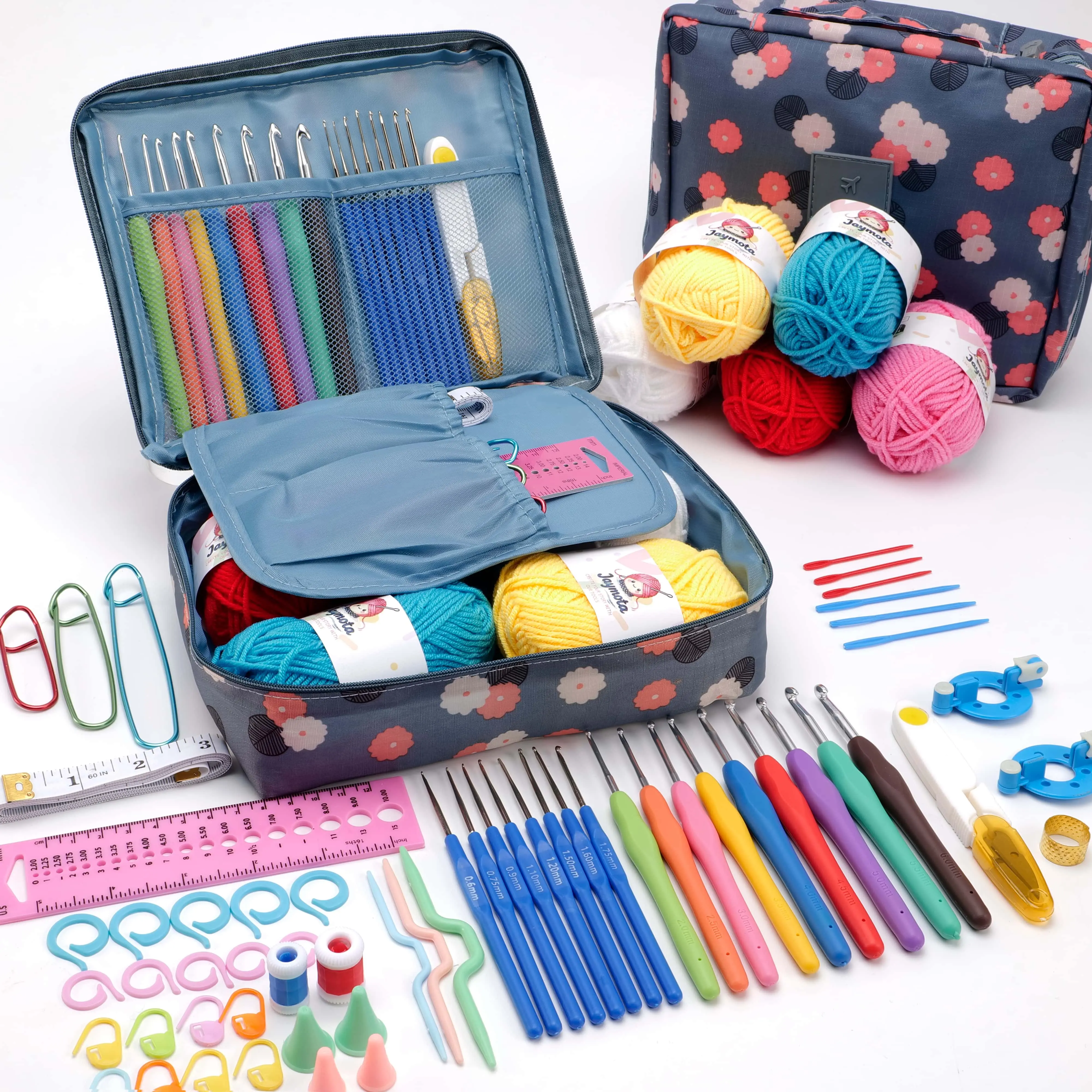 67PCS Beginner Crochet Kit with Manual, Ergonomic Aluminum Grips, Variegated Soft Yarn, Floral Storage Bag, Knitting Supplies for Adults, Perfect DIY Craft Project Gift for Women (Makes Coasters/Hats)