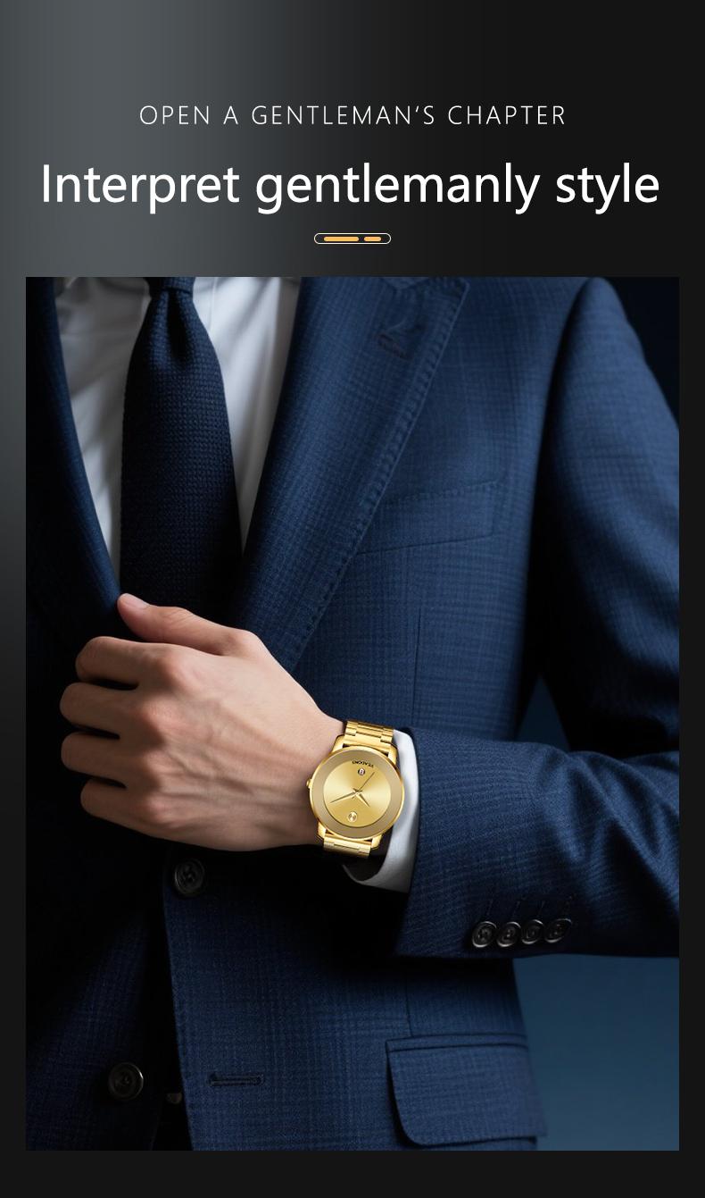 Luxury business quartz watches for ladies and gentlemen, featuring solid stainless steel straps, calendar function, and water resistance. With a minimalist design, they are elegant and durable, suitable for daily wear.