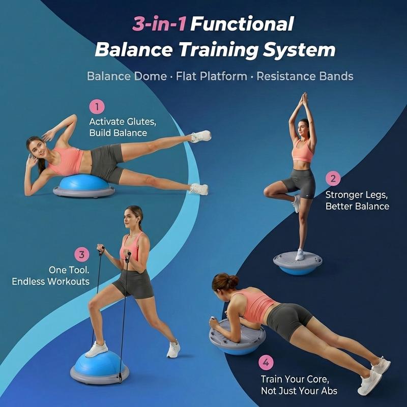 Yagud Balance Ball Trainer with Resistance Bands and Foot Pump, Inflatable Yoga Ball for Home Gym Workouts, 24 Inch Exercise Half Ball for Balance Training Core Strength Fitness More, 660lb Capacity