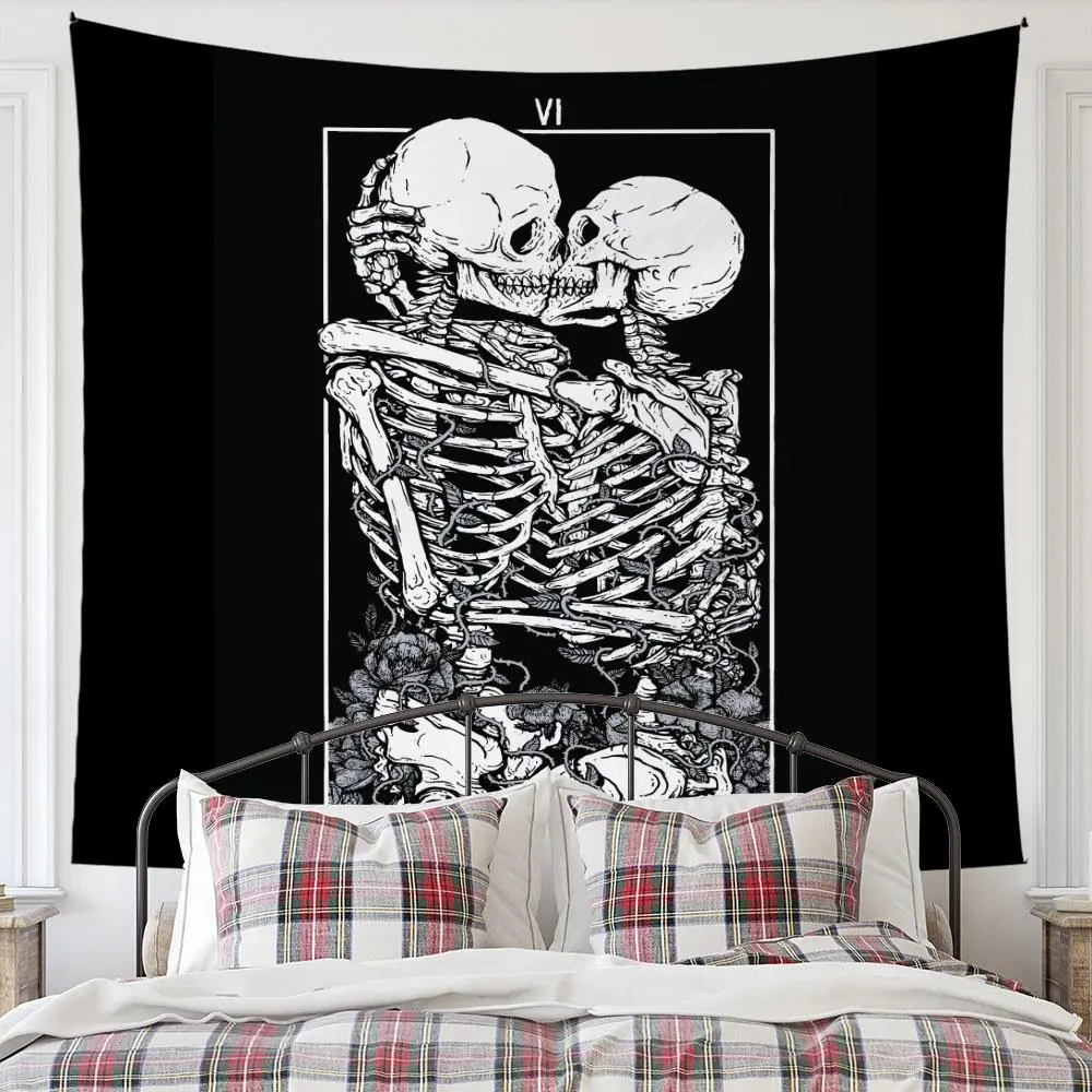 1pc Black and white tapestry featuring couple skulls with bones kissing perfect for gothic room decor. This wall hanging is perfect for a witch aesthetic and is suitable for bedrooms and living rooms.