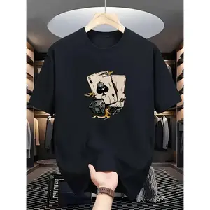 men gifts Men's Casual Black T-Shirt with Intricate Skull and Mechanical Design - Polyester and Spandex Blend, Crew Neck, Short Sleeve, Summer Fashion Graphic Tee Menswear Top