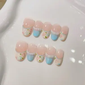 10PSC Pastel Bloom Press On Nails,Pink & Blue Small Floral Prints 3D Design,Short Almond Spring Nails,Gift For Women Girls