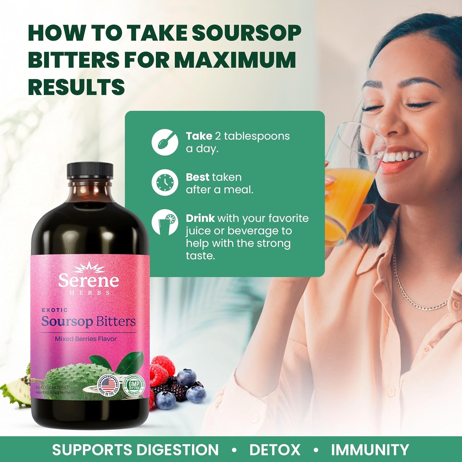Serene Herbs: Soursop Bitters, Mixed Berries Flavor Healthcare Dietary vitamins women Supplement Fitness Natural