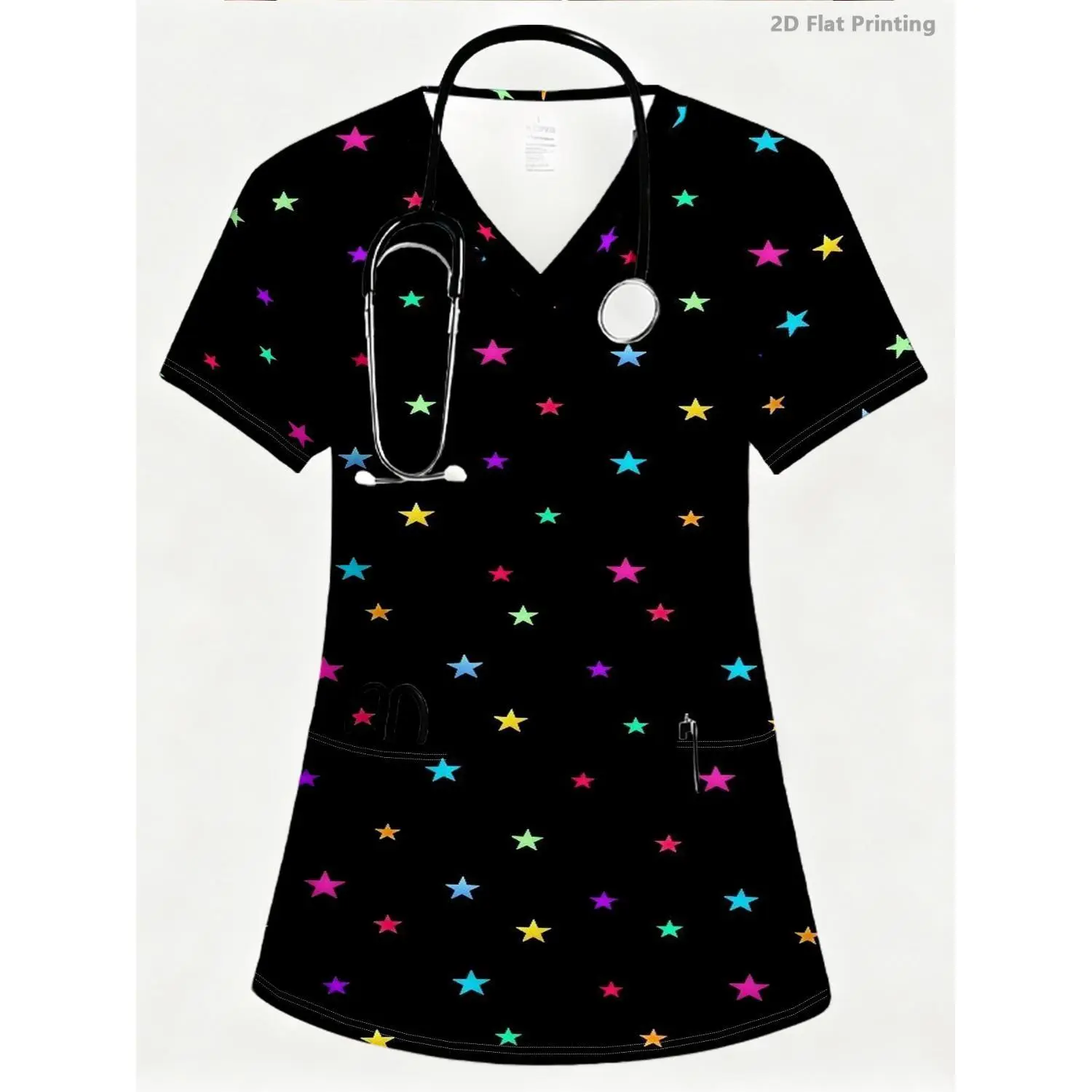 Women's Short Sleeve V-Neck Star Print T-Shirt - Casual Summer Blouse with Pocket, Machine Washable, Perfect for Daily Wear & Parties