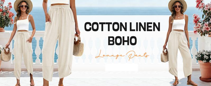 WoodBerry Women's Linen Wide Leg Pants Bohemian Style Loose Casual Capri Pants Summer Lightweight Breathable Elastic Waist Harem Lounge with Pockets