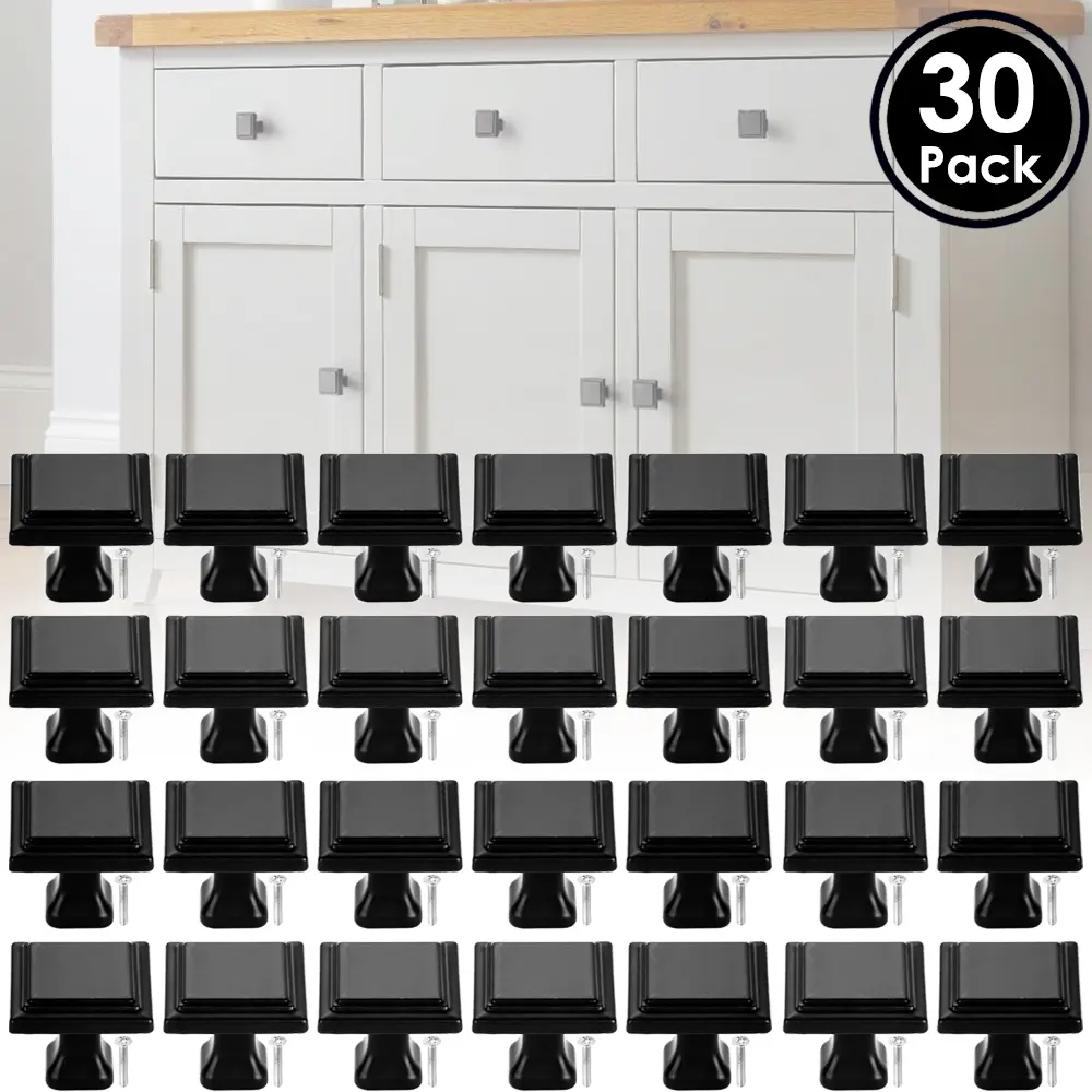 30-Pack Matt Black Alloy Modern Style Square Cabinet Knobs, 1.1in (25mm) Easy-Install Furniture Hardware, Fits Kitchens, Bathrooms, Kitchen Drawers, Cupboards