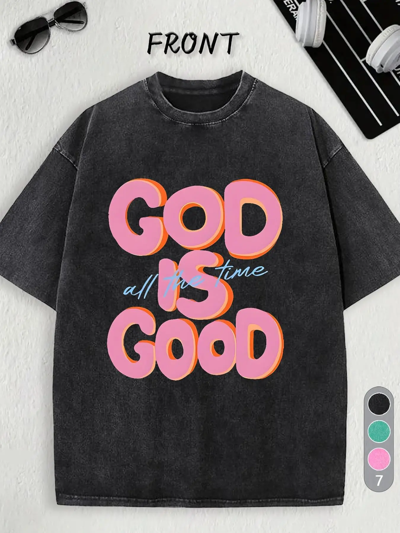 Men's 230g Heavy Cotton Distressed Retro Street Style T-Shirt - "GOD IS GOOD" Festive Printed Short Sleeve, Shiny Pink Blue Loose Round Neck Sport Menswear Summer Casual Top, Machine Washable Textured Daily Wear Fathersday Gift