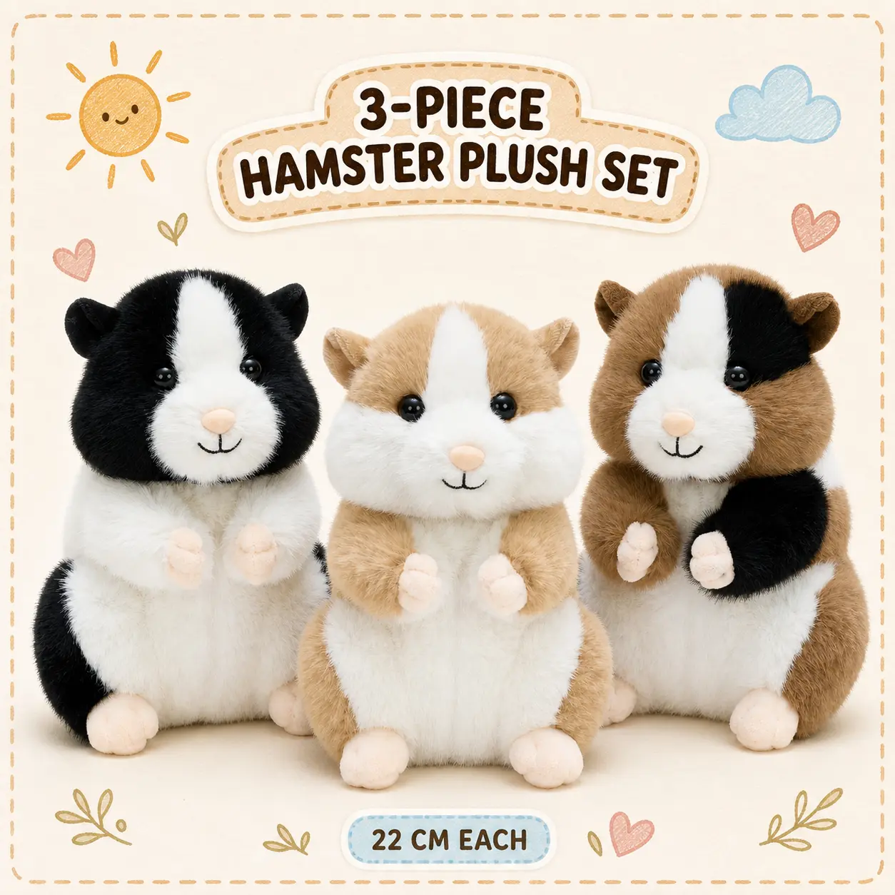 [3-Pack] Tezituor Hamster Plush Set, 22cm Each, Cute Soft Hamster Stuffed Animals in Tan, Brown & Black, Cuddle Toys for Kids, Room Decor and Gift