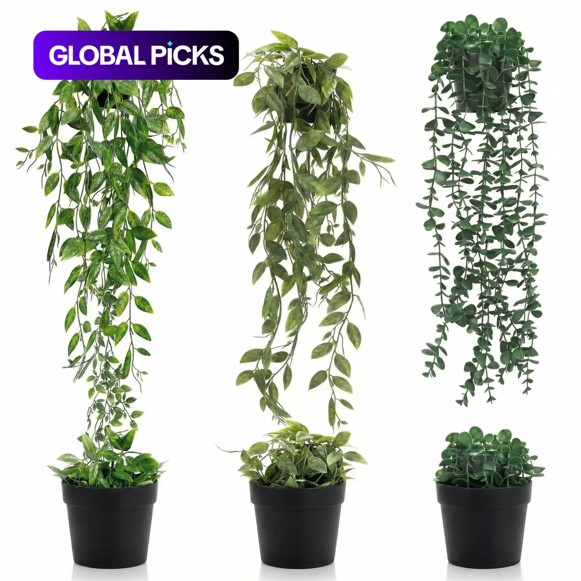 Artificial Indoor Hanging Eucalyptus Plants, 3pcs Faux Evergreen Potted Plants for Home, Bathroom, Room & Shelf Decor, Decorative Fake Plants, Artificial Plant Set, Faux Eucalyptus Greenery, Plastic Material #GLOBAL PICKS