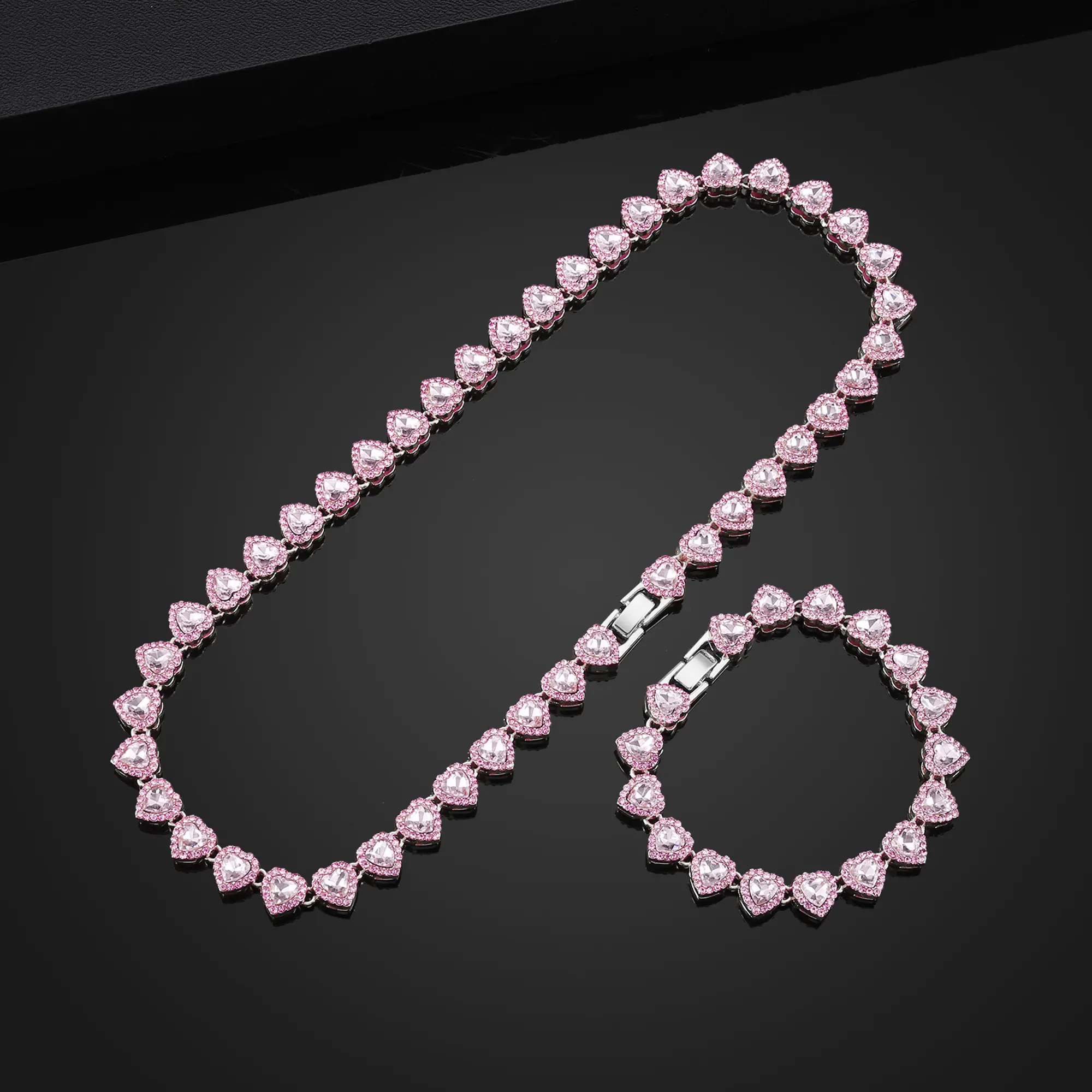 2pcs Light Pink Heart Shaped Cuban Chains Necklace & Bracelet with Cubic Synthetic Zirconia,Hip Hop Style Chains,Luxurious Jewelry Set for Valentine's Day Gifts, Birthday,Music Festival
