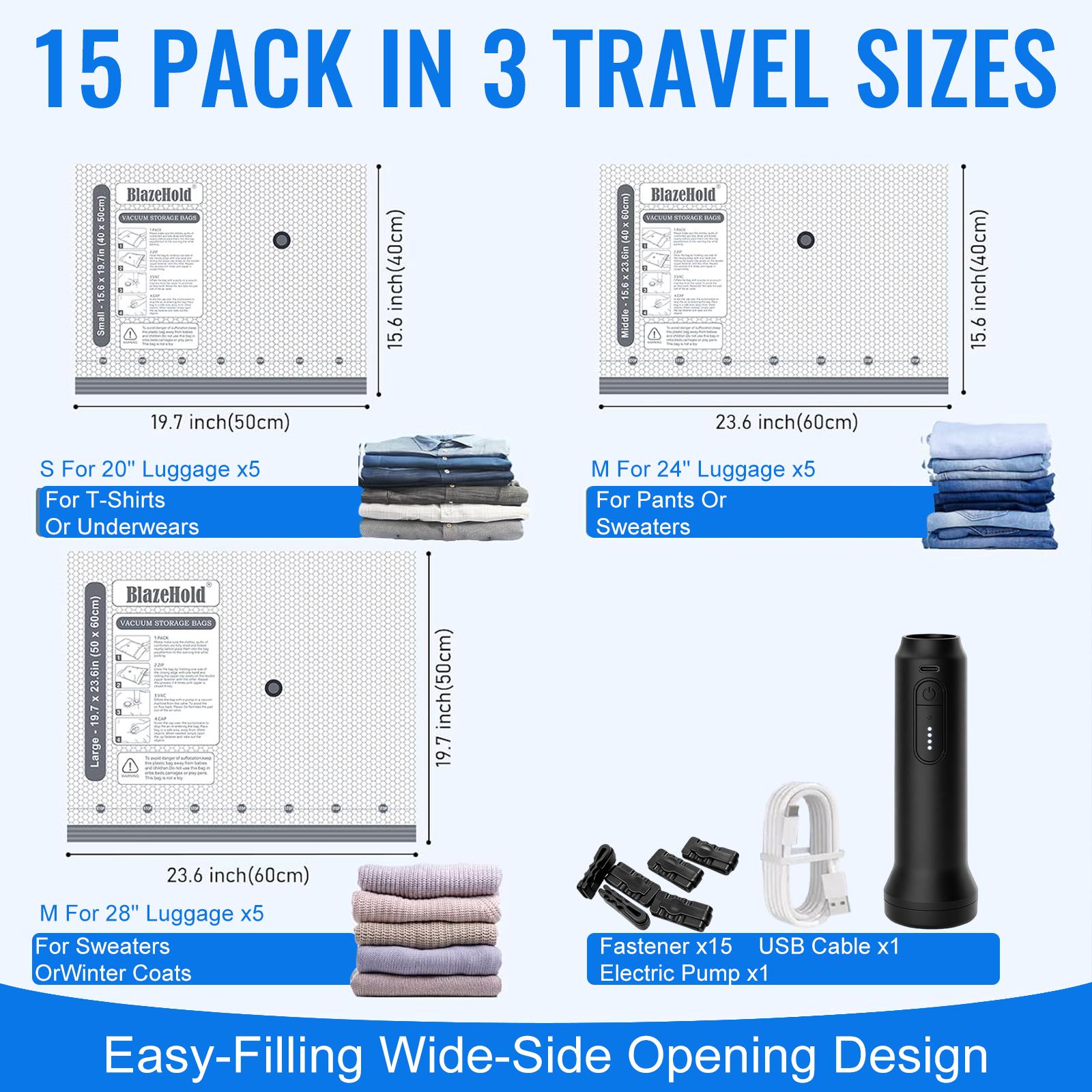 Cordless Electric Pump Vacuum Compression Zip Bags Set, Travel Storage Carry-On Luggage Packing Organizer Kit