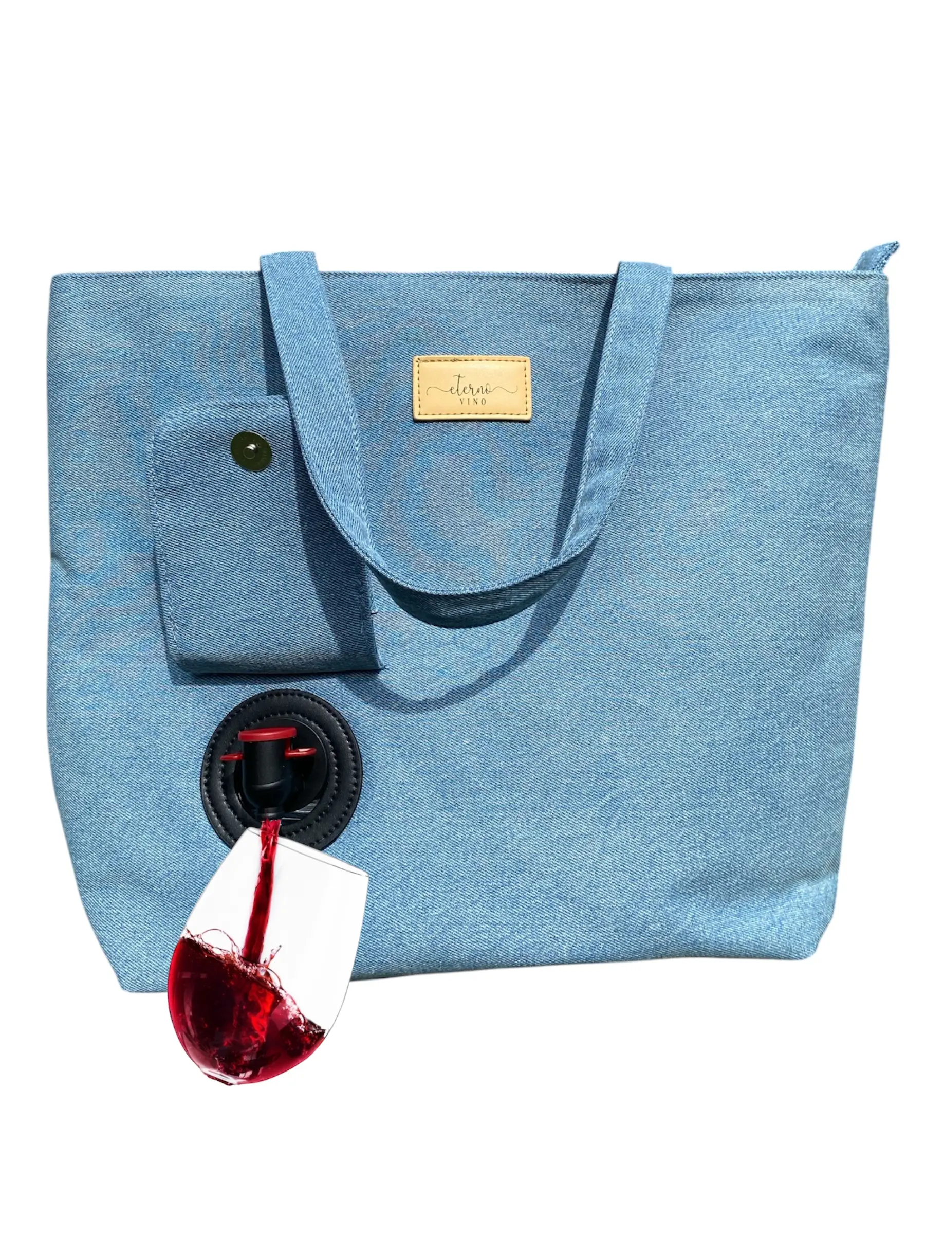 Eterno Vino Light Jean Wine Purse - Water Resistant Tote Bag with Hidden Spout & Reusable 1.5L Pouch - Solid Color Bag for Daily Use