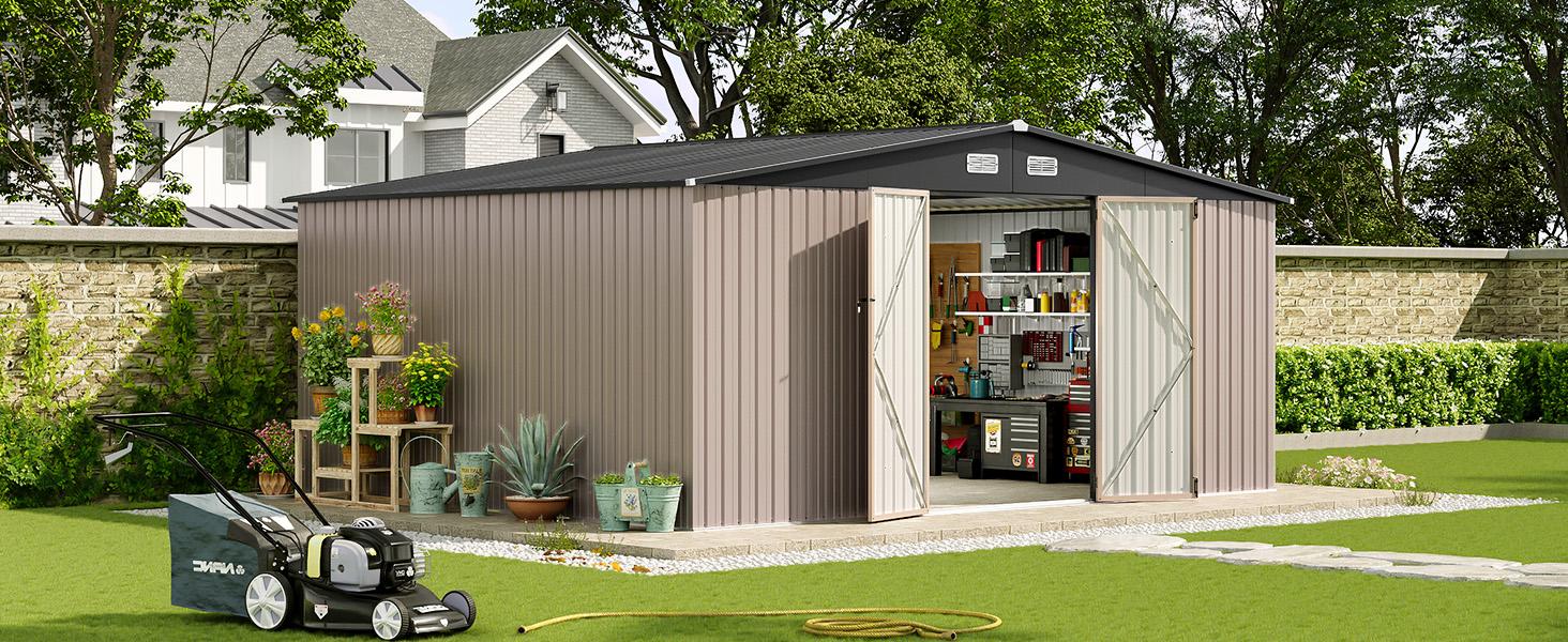 Aoxun 10 x 12FT Outdoor Storage Shed with Double Hinged Large Door & Lockable Door Brown Metal Sheds for Garden Backyard Patio