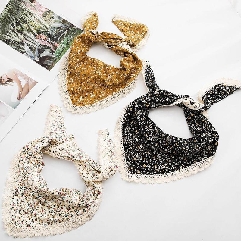 3-piece suit Flower Solid color Hair Bandanas Headbands Chiffon Head Kerchief for Women Girls Bohemian Hair Scarf Floral Lace Edge Headband Bandana