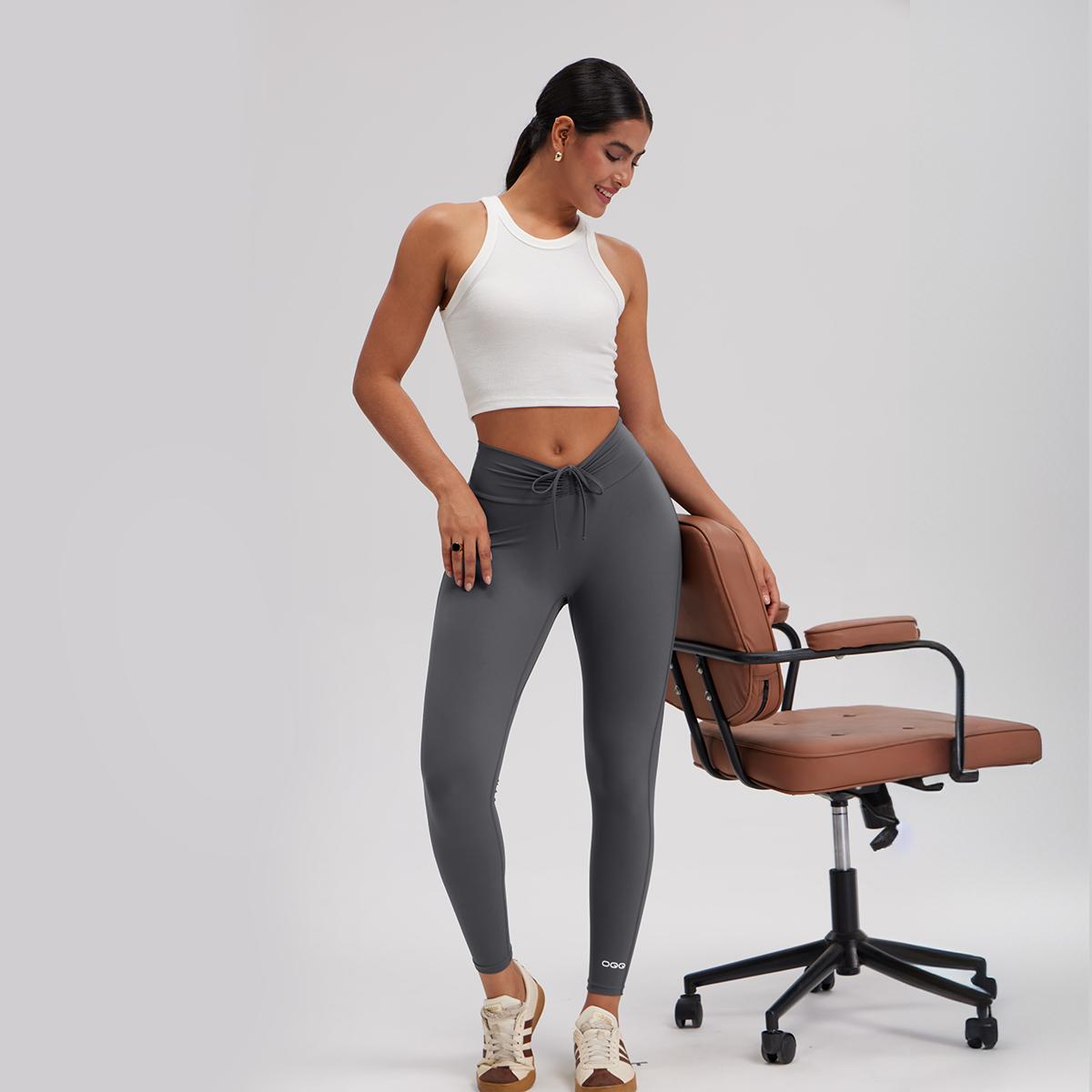 OQQ Women's High Wasit Scrunch Leggings No Front Seam Stretch Drawstring Workout Gym Yoga Pants Soft Comfortable Basic Minimalist Bottom