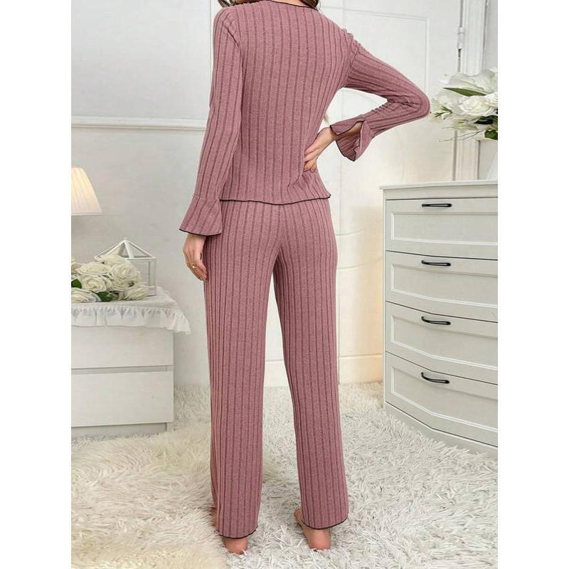 Women's Solid Lettuce Trim Top & Pants Loungewear Two-Piece Set, Casual Comfy Long Sleeve V Neck Top & Trousers PJ Set, Ladies Sleepwear for All Seasons Women's Solid Lettuce Trim Top & Pants Loungewear Two-Piece Set, Casual Comfy Long Sleeve V Neck Top & Trousers PJ Set, Ladies Sleepwear for All Seasons