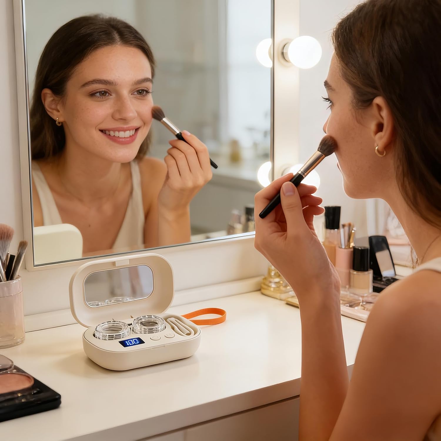 Portable Contact Lens Cleaner,Ultrasonic Lens Cleaning Box, Eye Care Product for Women & Men Rechargeable Eye Contact Cleaner with Vanity Mirror Compact Contact Lens Cleaner with Two Cleaning Modes Fits Hard,Soft, Multicolor Contact Lens